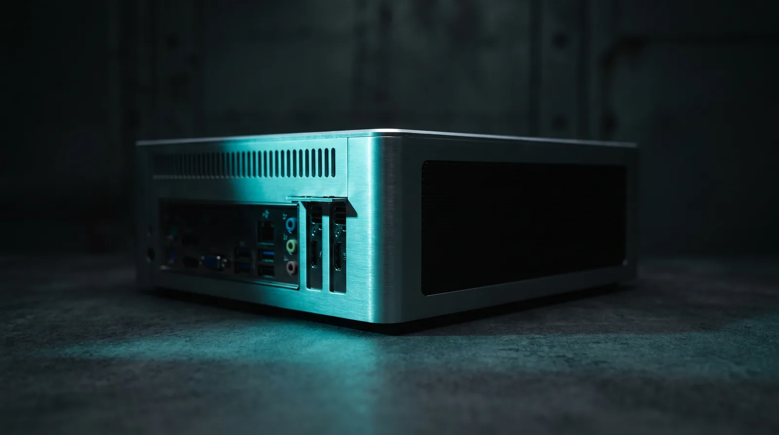 A compact aluminium desktop computer half lit by a teal light against a dark background, the 64GB machine in question