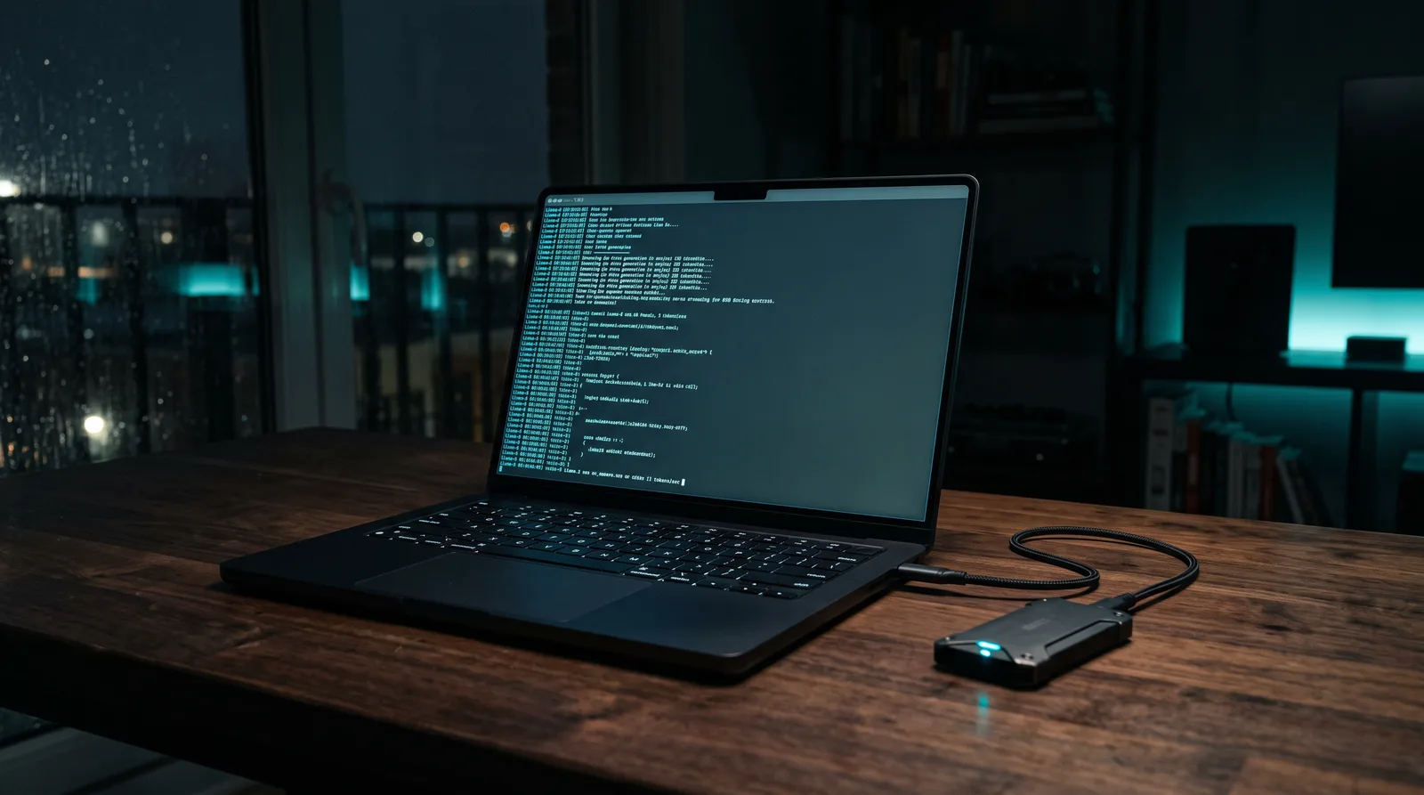 Laptop screen glowing with a dark terminal streaming local model output on a desk, illustrating which models fit in each unified memory tier.