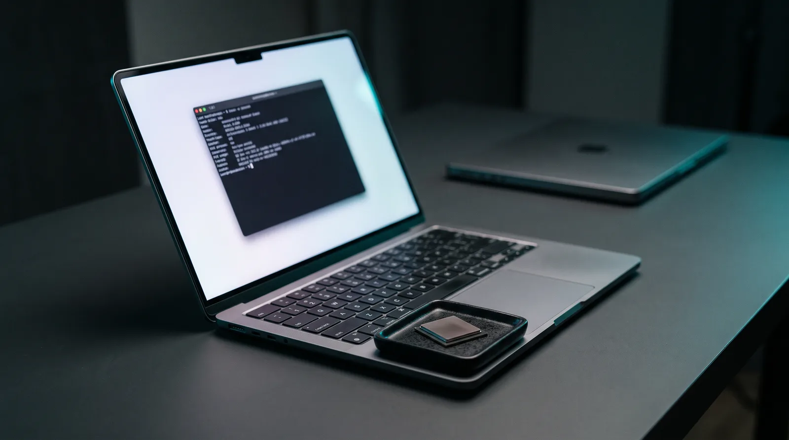 Open aluminium laptop with a brightly glowing OLED panel and a bare silicon chip on a tray beside it, showing that the new display leaves local LLM memory tiers untouched.