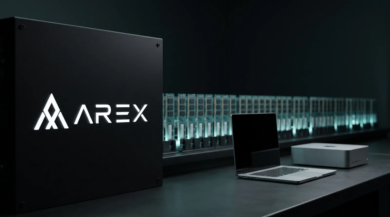 Illuminated AREX logo on a black panel beside a laptop and a compact desktop, with a long row of memory modules glowing behind them