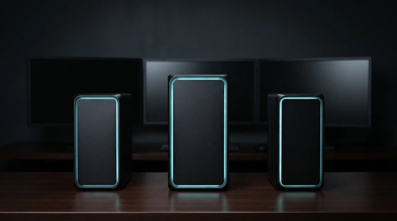 Three small low-tower workstation computers in a row with cyan-teal edge lighting, a comparison of three 30B-class local agent models