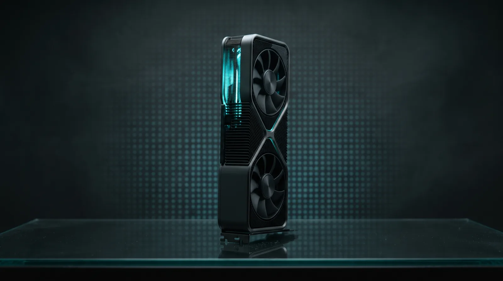 A high-end dual-fan graphics card standing upright with cyan edge lighting, representing the 24GB VRAM tier