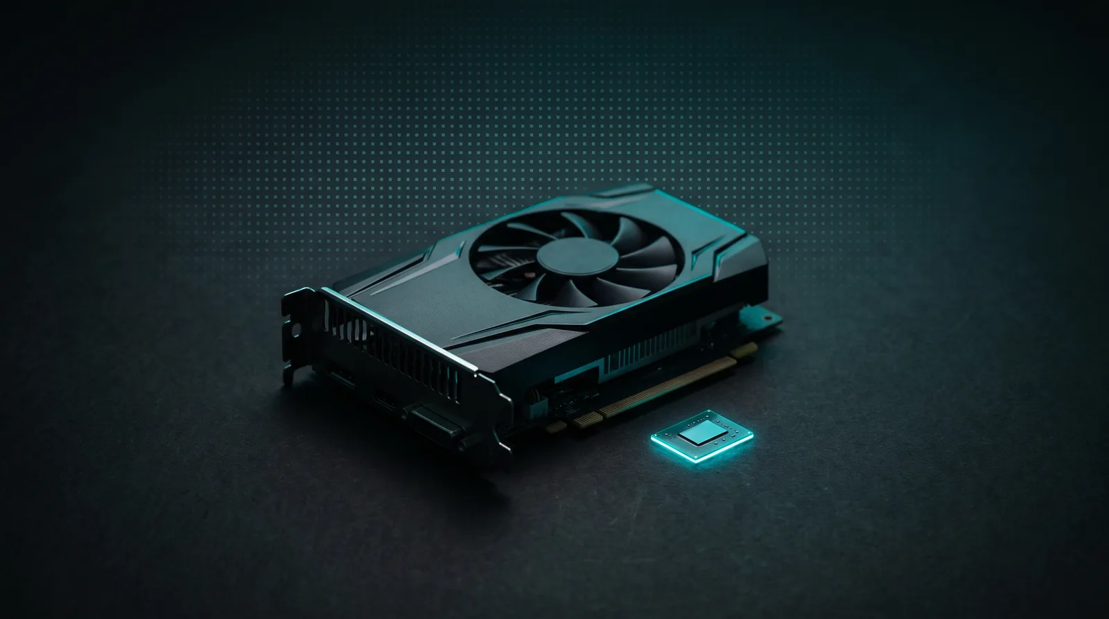 A compact single-fan graphics card beside a tiny memory chip, representing the 8GB VRAM tier