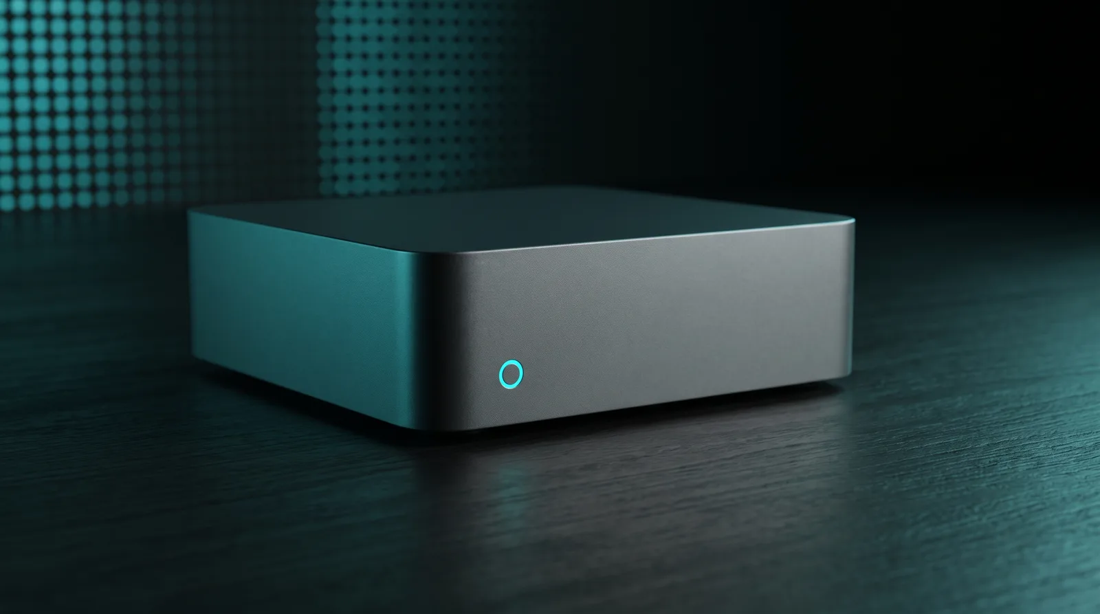 A small unbranded aluminum mini desktop computer with a cyan status light, representing a 16GB Mac running local AI
