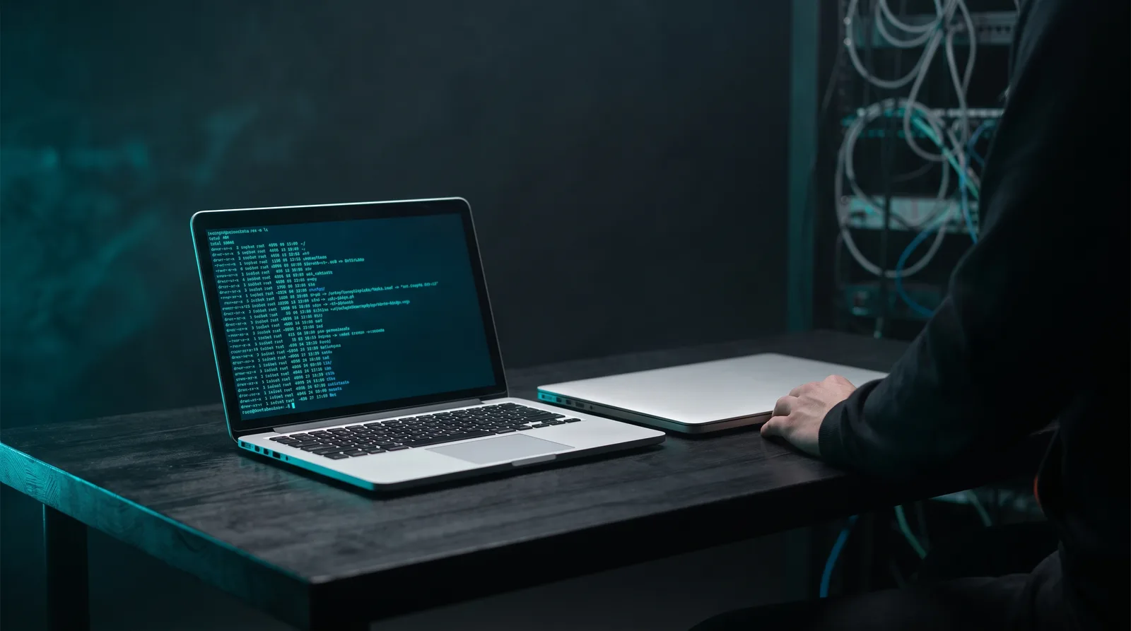 Two identical laptops on a dark workbench, one lit and running while the other stays dark, illustrating a stock llama.cpp build refusing a ternary GGUF file
