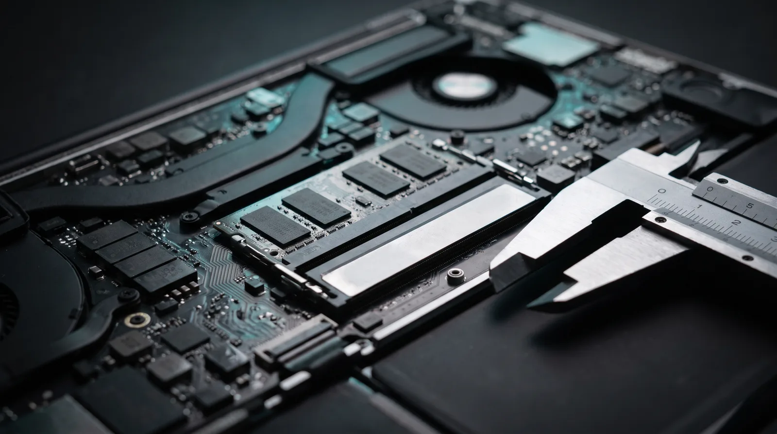 Macro shot of a MacBook logic board with unified memory chips and a caliper, illustrating the real RAM floor for a 27B ternary model on Apple Silicon