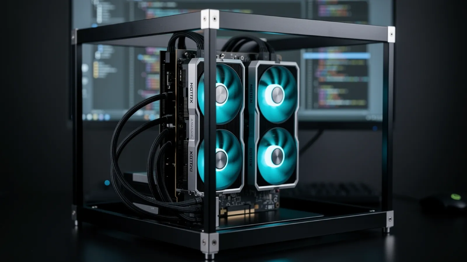 Open-frame workstation with dual NVIDIA RTX 3090 GPUs running Claude Code locally