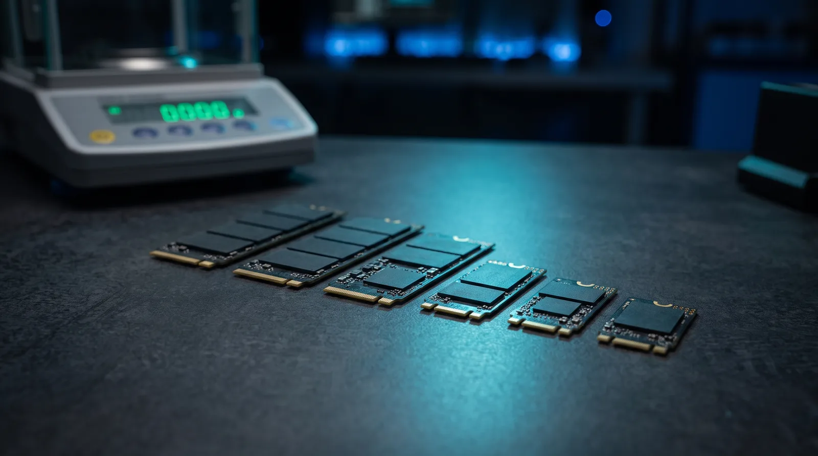 Six bare NVMe storage modules in decreasing sizes arranged in a row on a charcoal bench under cyan light