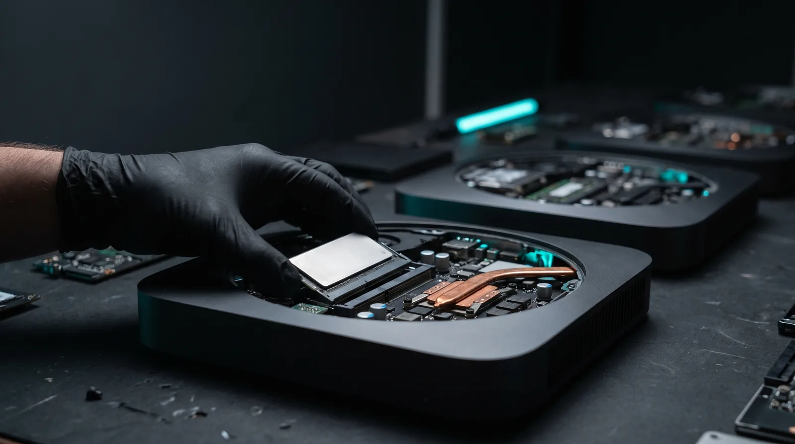A gloved hand lifting a unified memory module from an opened compact desktop Mac chassis under cyan studio lighting