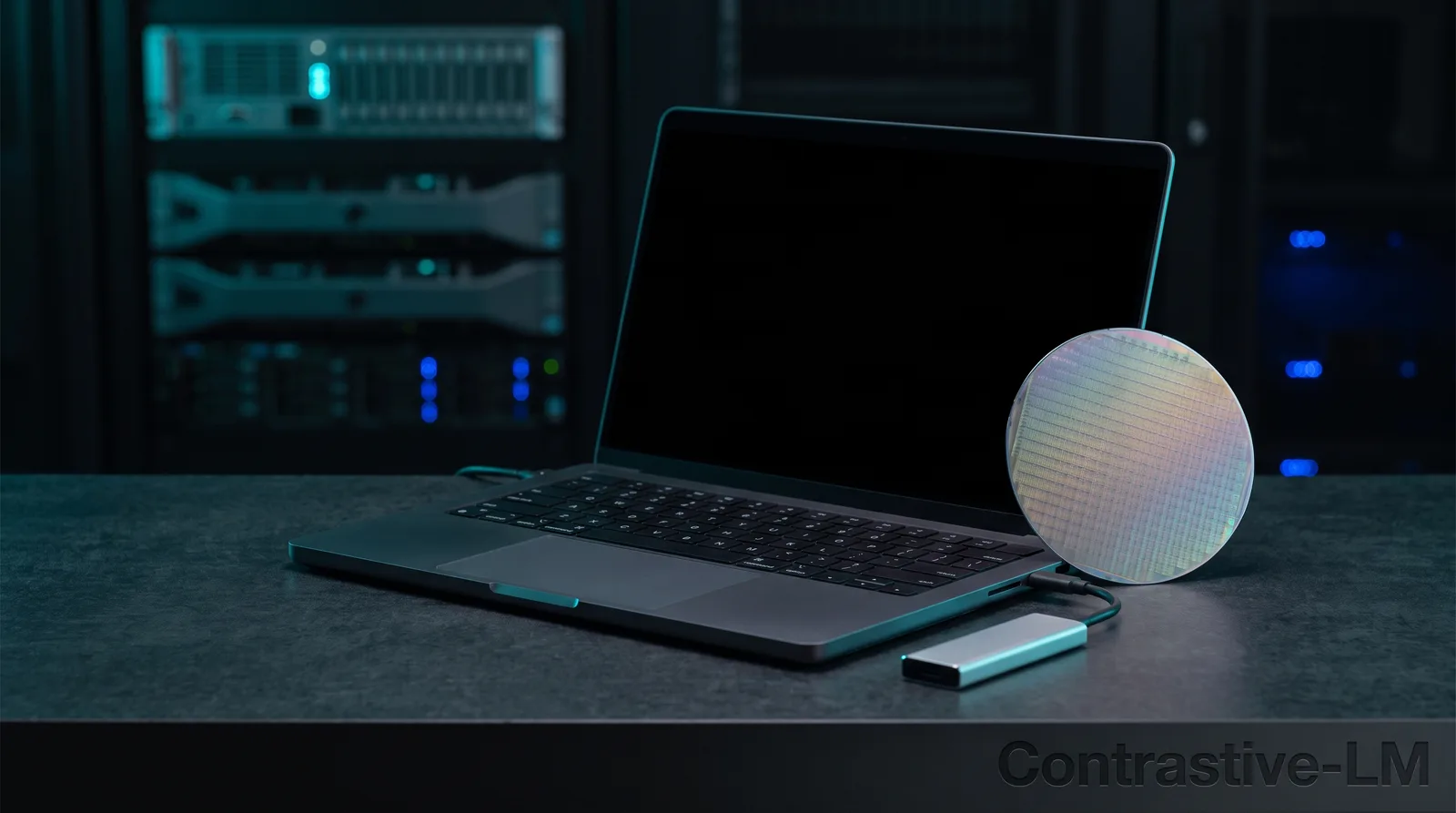 An open Apple Silicon laptop on a dark workbench with an external SSD and a silicon wafer, lit by cyan-teal studio light