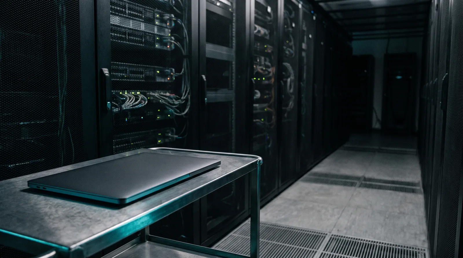 A laptop on a work table in the foreground of a data-center aisle, with rows of server racks receding behind it