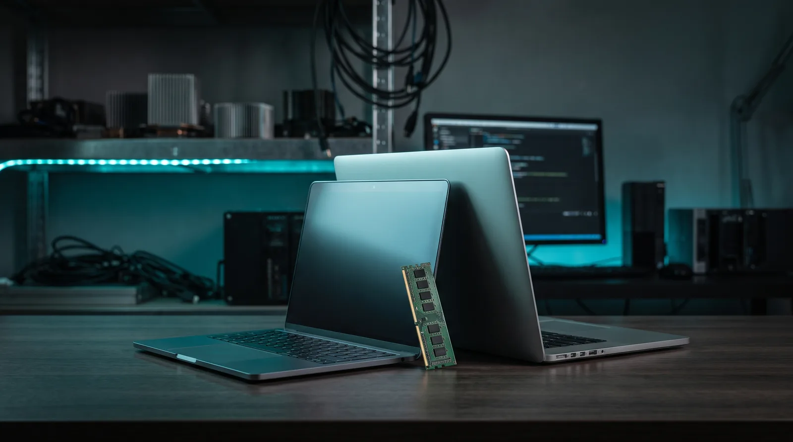 A compact laptop and a large laptop side by side on a dark desk with a bare memory module, illustrating the 16 GB and 32 GB Mac tiers for Clef.