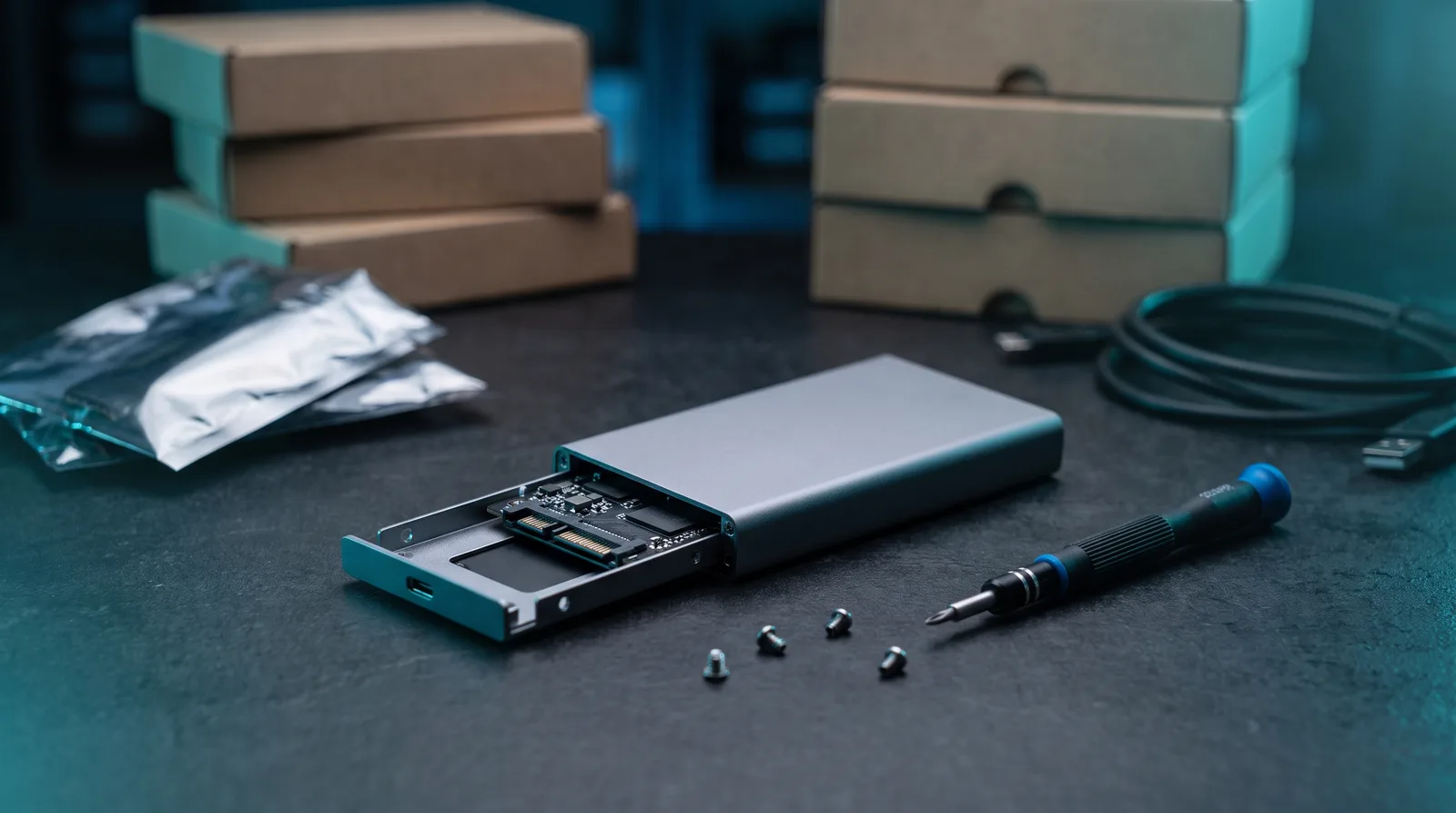 An opened external SSD enclosure with its tray, screws and screwdriver on a dark workbench, illustrating a quantised model file missing its scoring component.
