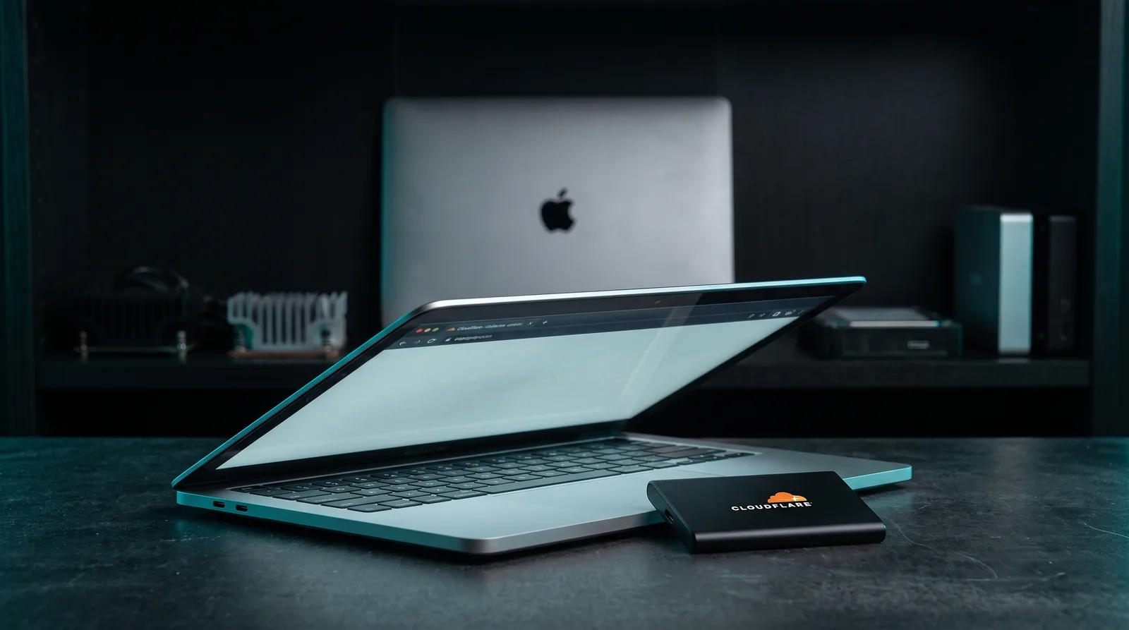 Open MacBook Pro on a dark workbench beside a portable SSD carrying the Cloudflare wordmark, showing a local Clef model setup on Apple Silicon.