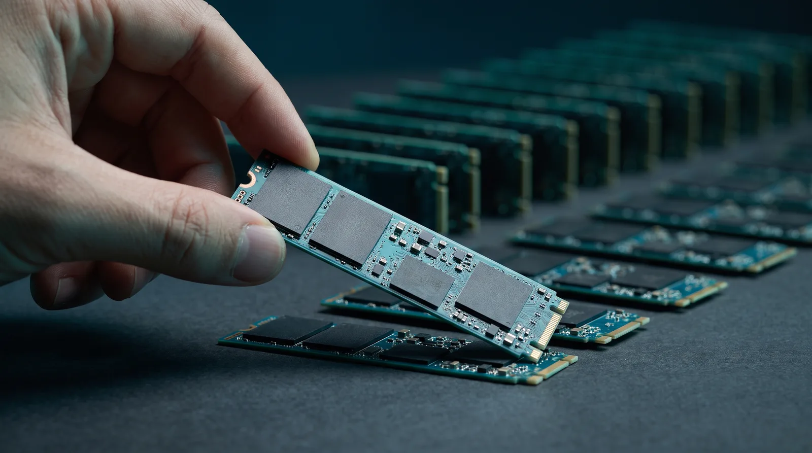Row of bare NVMe drives on a dark mat with the largest one lifted, illustrating the quantization size ladder.