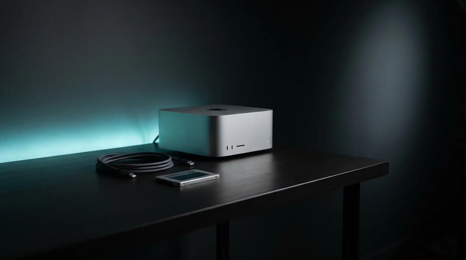 Single small aluminium desktop workstation on an empty dark desk with a bare SSD beside it, the only machine big enough for the model.