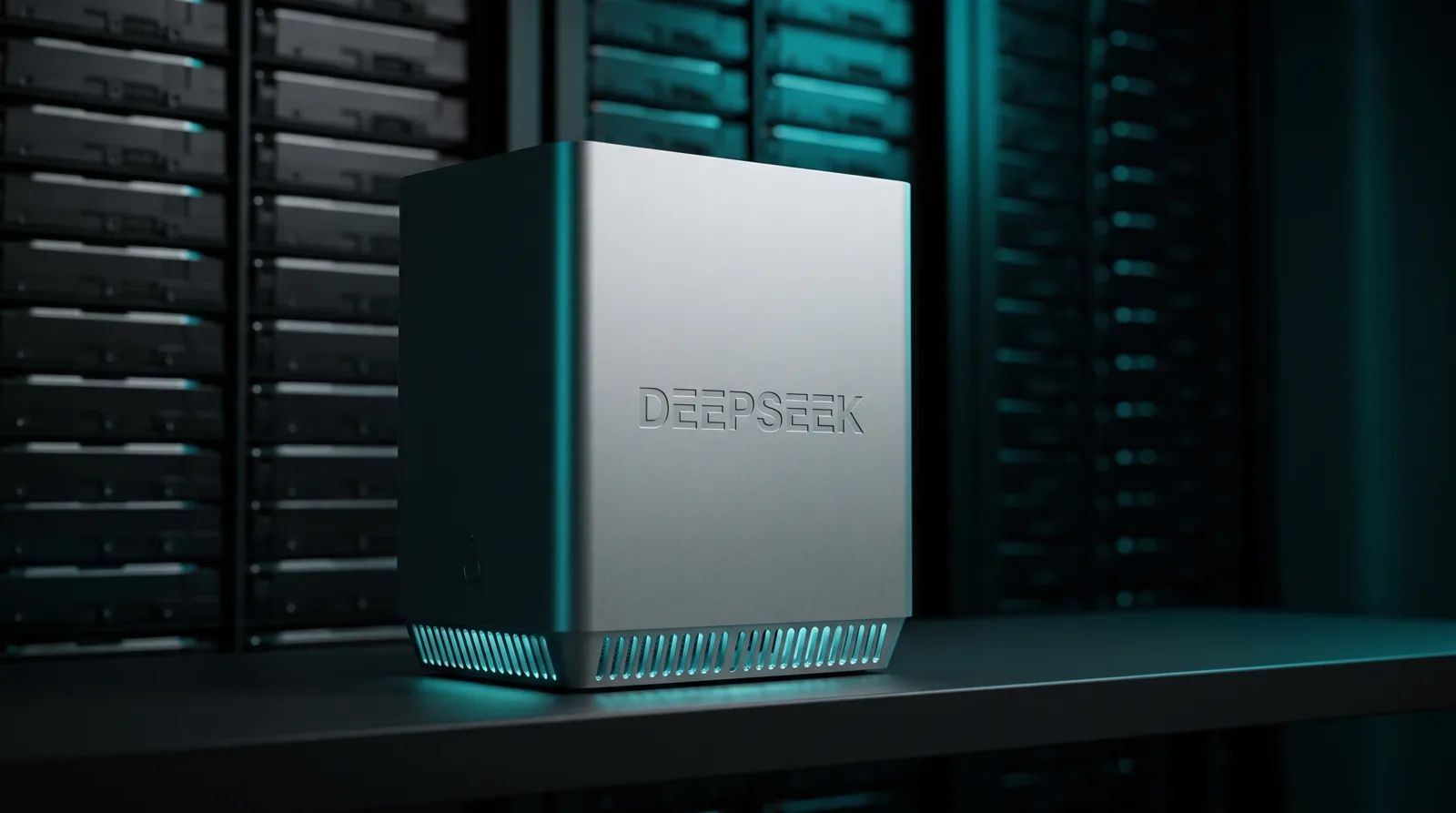 Silver desktop workstation beside a stack of drive shards in a dark studio, evoking a 552B model that only fits one machine.