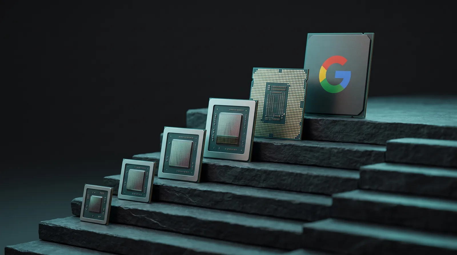 Five GPU memory chips in ascending size order, the largest carrying the Gemma starburst logo, representing the five Gemma 4 variants
