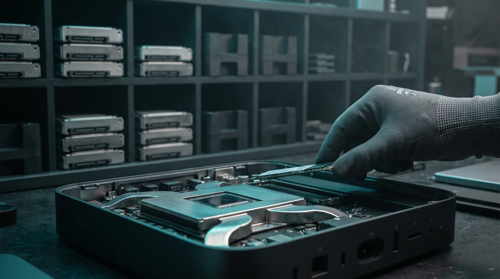 An opened Mac Studio chassis being fitted with a memory module, shard carriers stacked on a shelf behind it