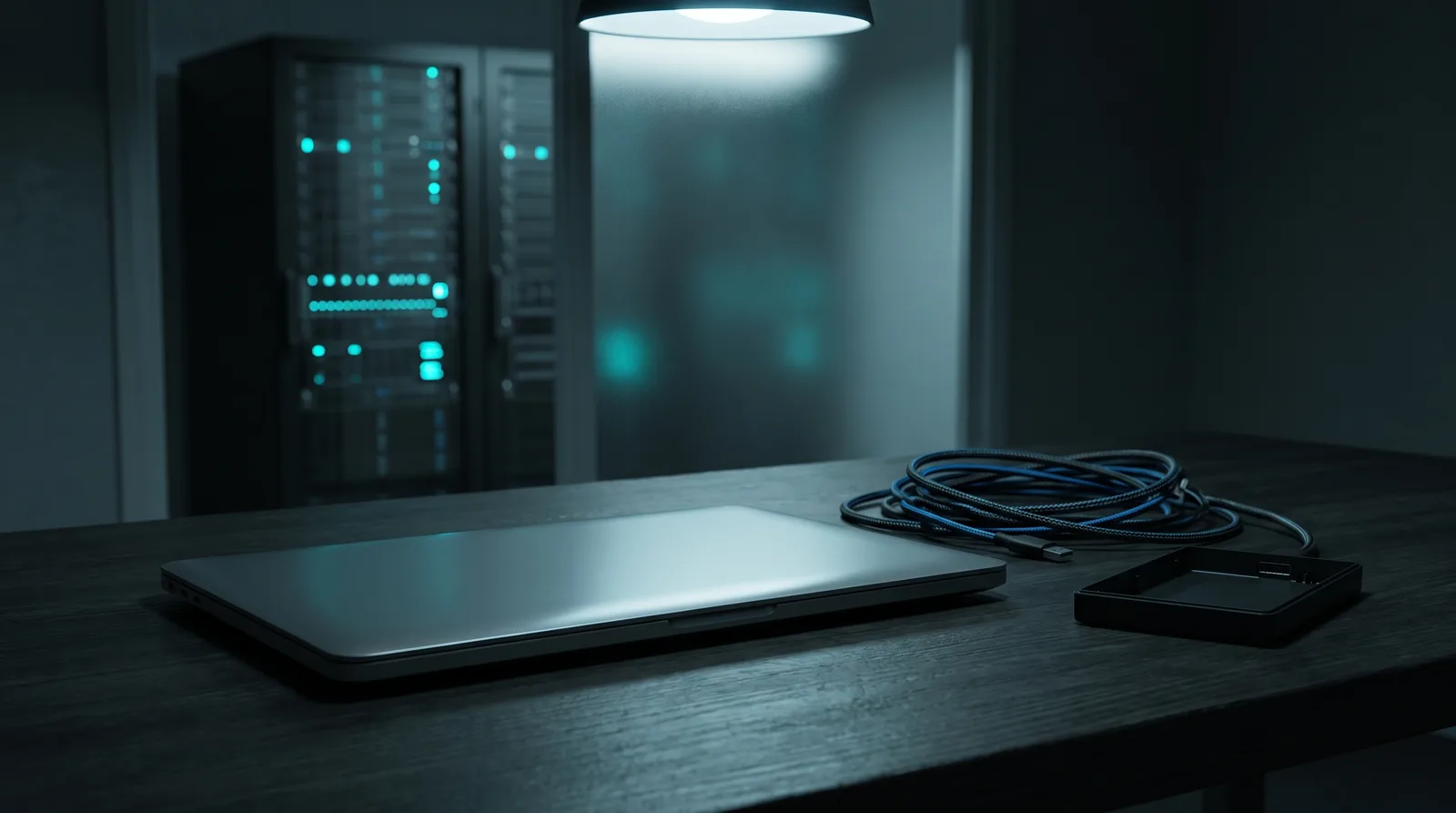 A closed aluminium laptop on a dark desk next to an empty drive bay, a server silhouette behind frosted glass
