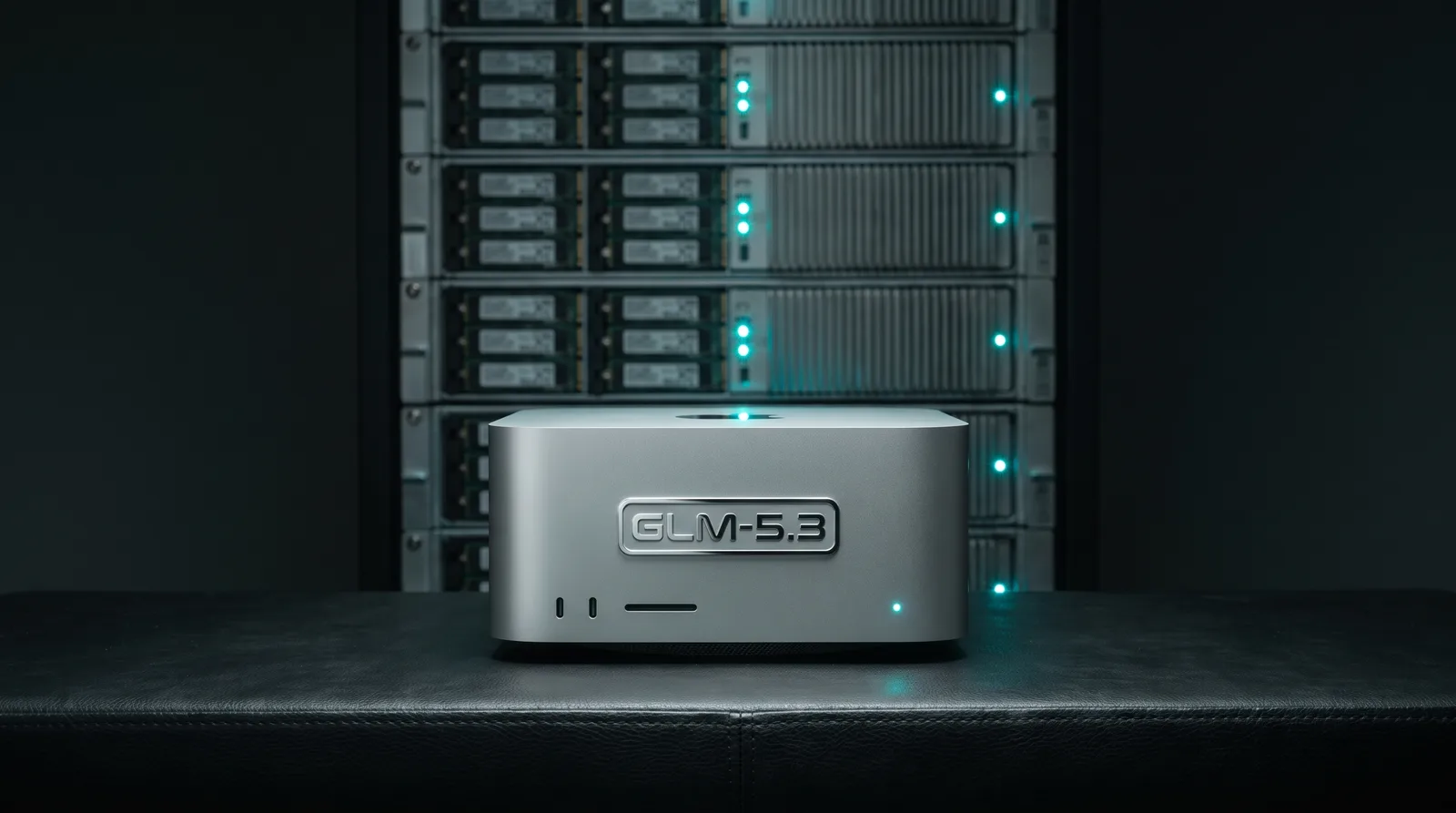 A silver Mac Studio on a dark bench with the GLM-5.3 badge on its front panel, drive shard enclosures blurred behind it