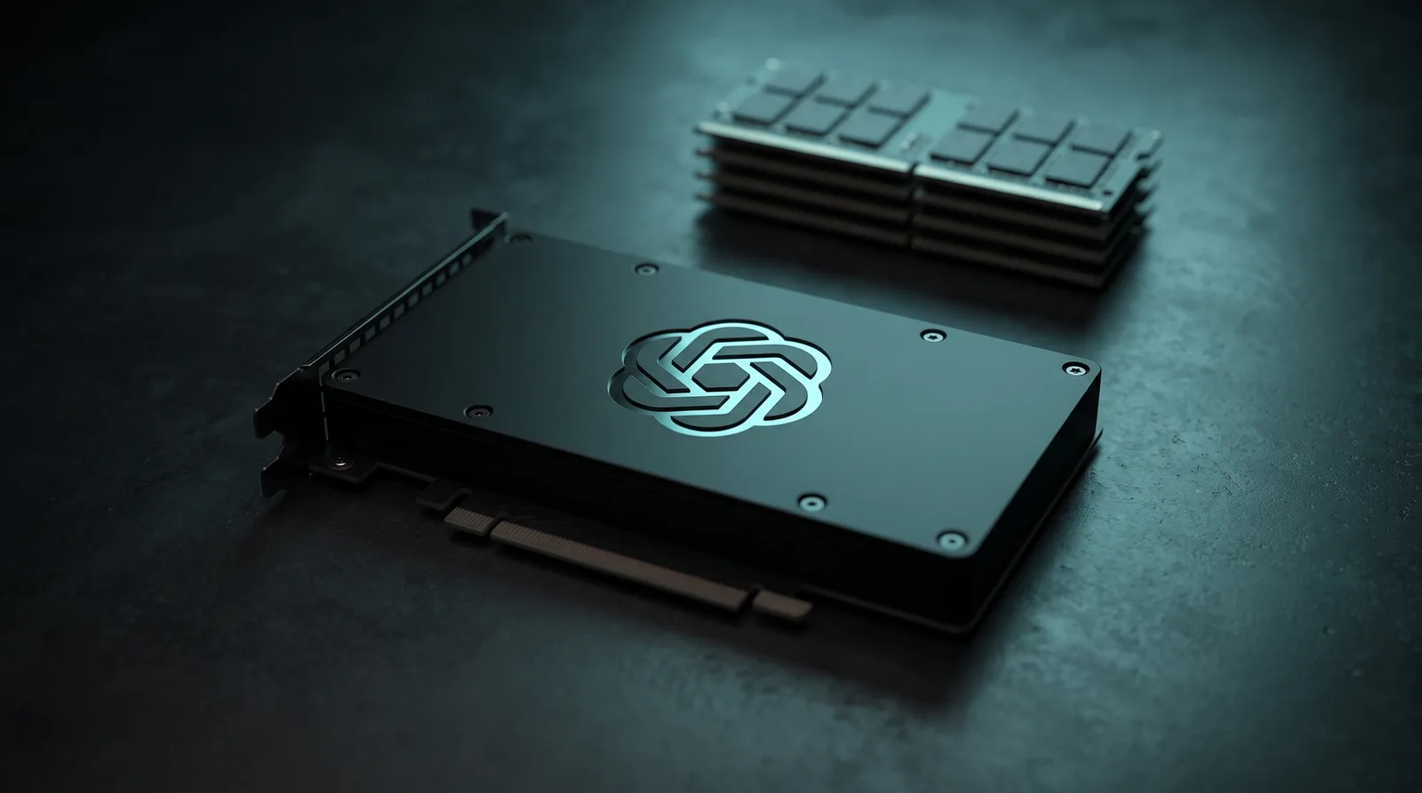 Compact GPU card engraved with the OpenAI logomark on a dark surface, representing a 20B model that fits in 14 GB