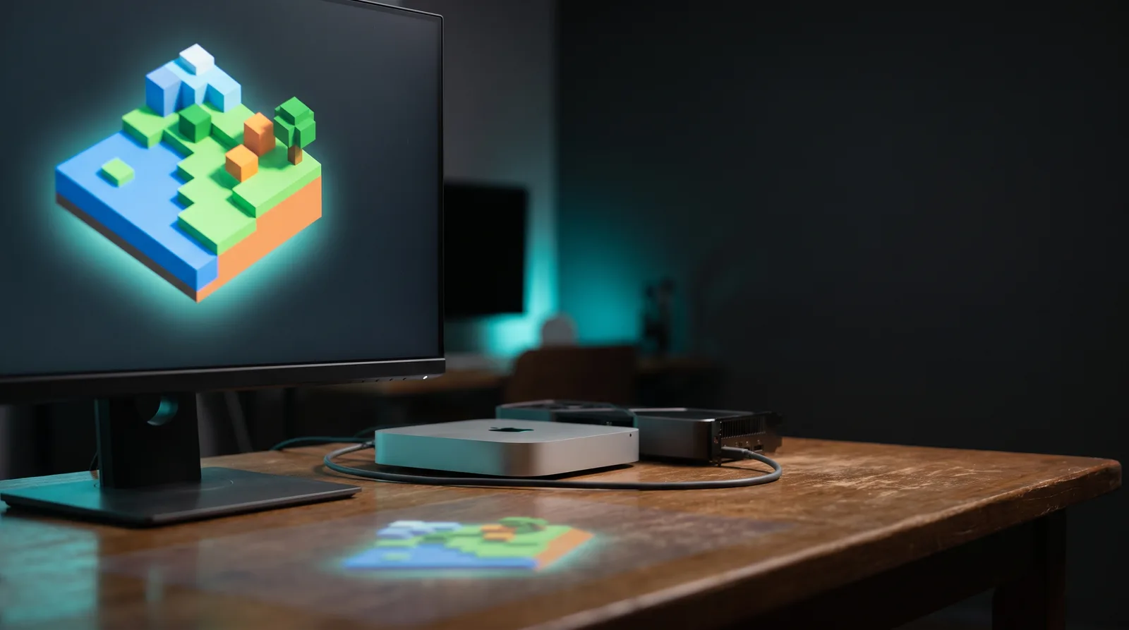 Monitor displaying a blocky voxel 3D rendered landscape next to a graphics card and a small aluminium computer on a dark desk