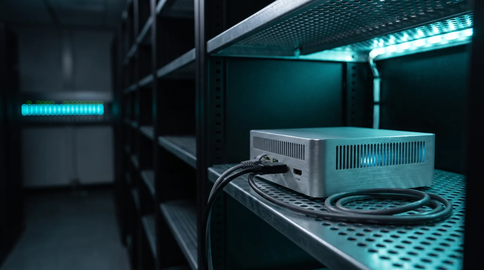 Small aluminium mini computer with Ethernet and HDMI cables on a metal server shelf in a dark rack, no monitor attached