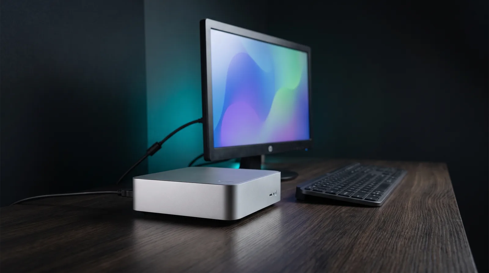 Compact aluminium mini desktop computer on a dark desk with an external monitor, keyboard and HDMI cable, lit in moody cyan-teal studio light