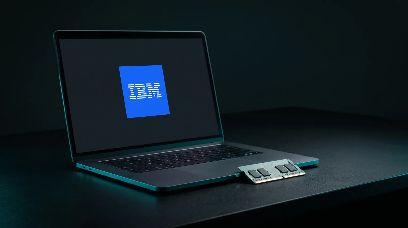 Open dark laptop on a black desk showing the blue IBM logo on its screen, with a laptop memory module resting beside it in cyan light