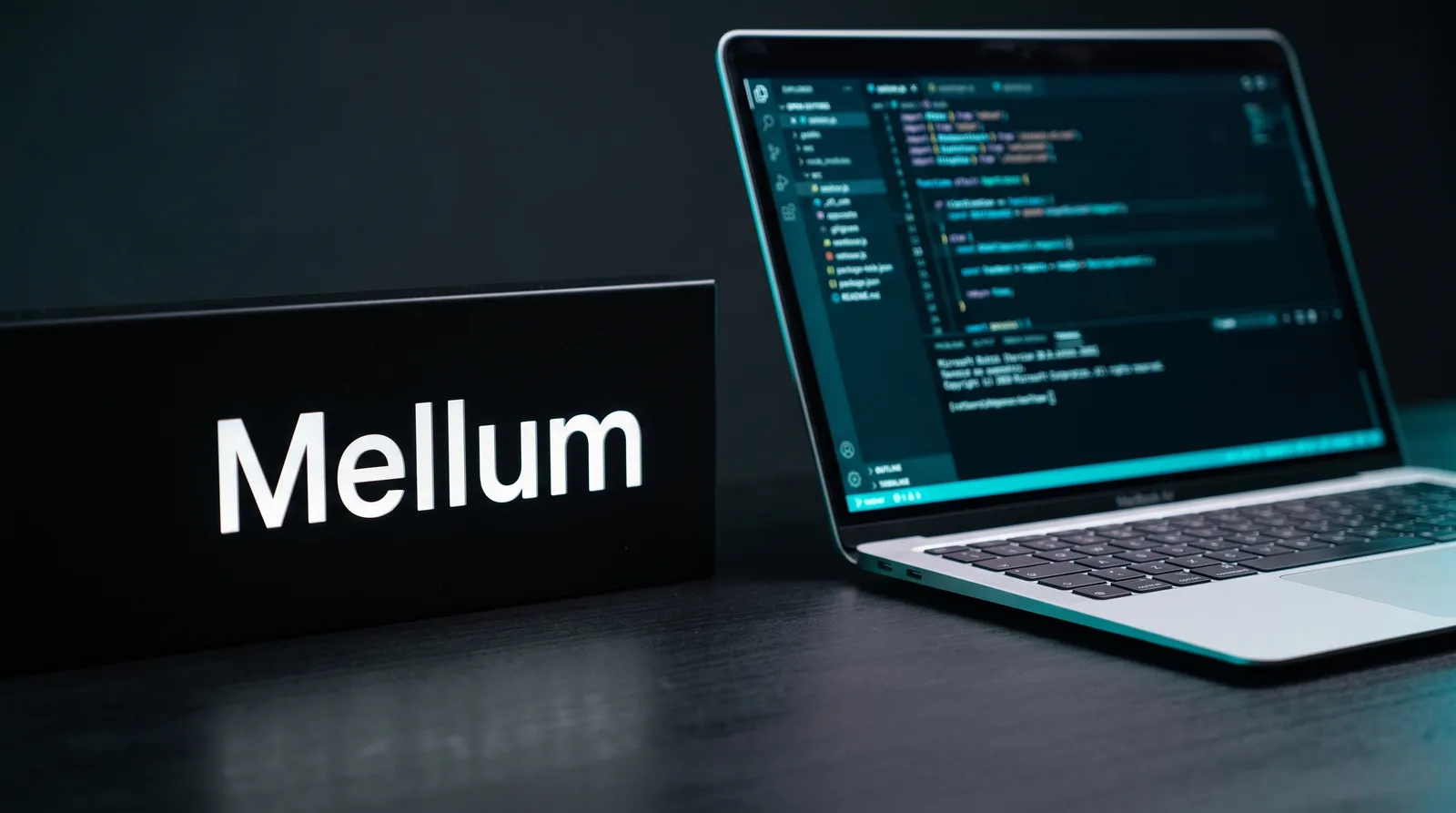 Illuminated Mellum wordmark sign on a dark desk next to a MacBook Air running a code editor