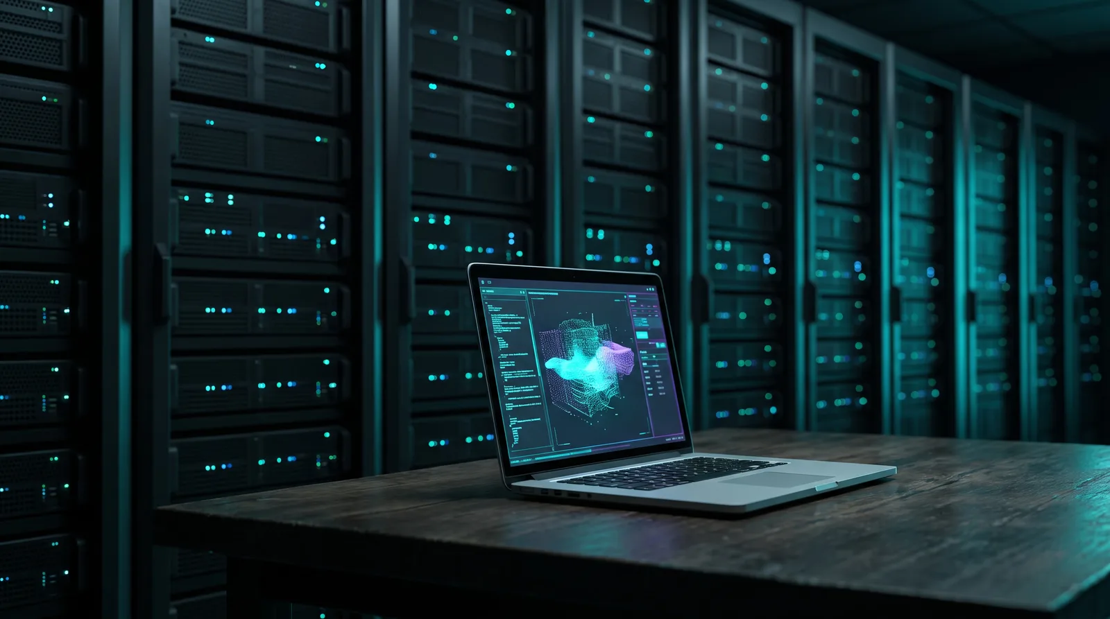 A lone laptop on a dark desk showing an open-source model page, facing a wall of glowing server racks, illustrating an independent researcher who published Jev's architecture a year before TypeSafe AI