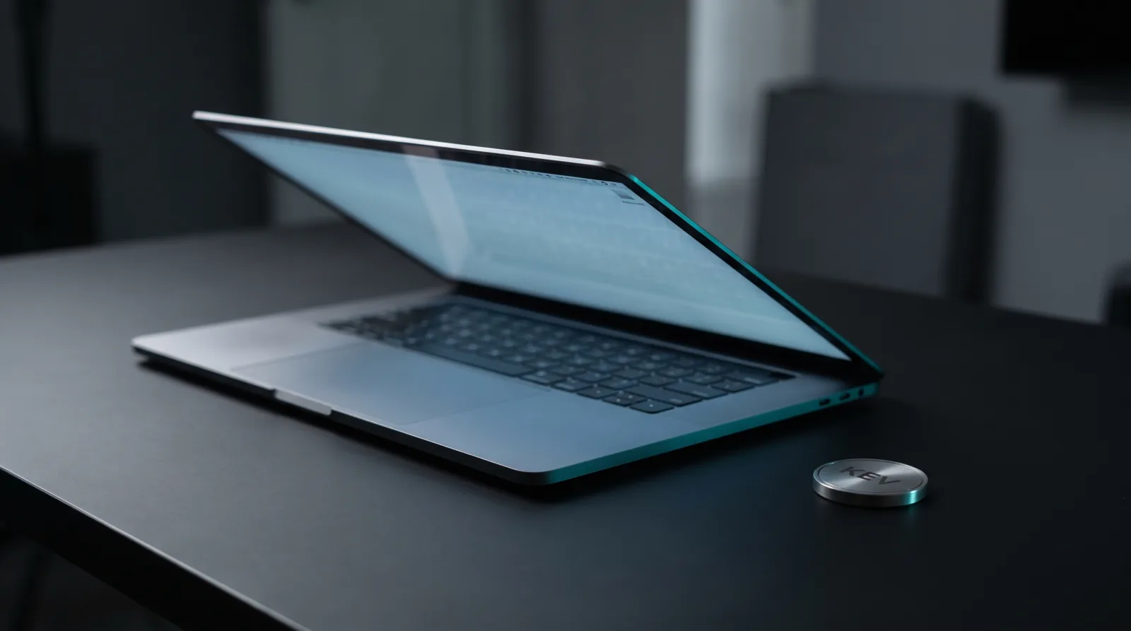 A silver MacBook Pro on a dark desk lit by cyan-teal rim light, with a small metal token placed beside it.