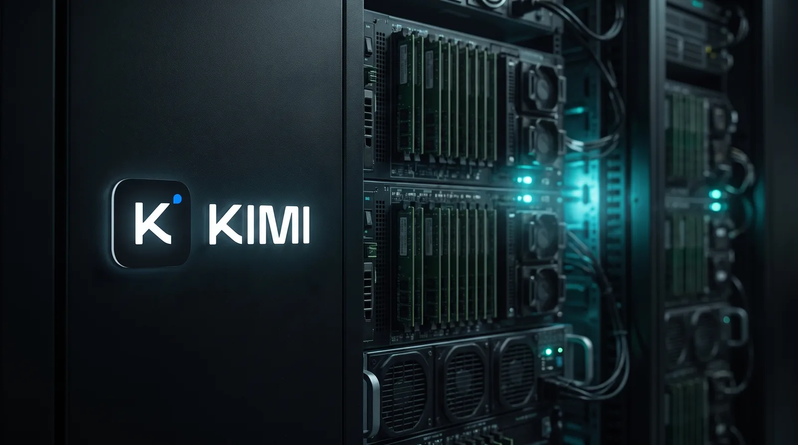 Dark server rack door with an illuminated KIMI sign beside a dense wall of memory modules, representing a 2.8T model that no consumer machine can hold