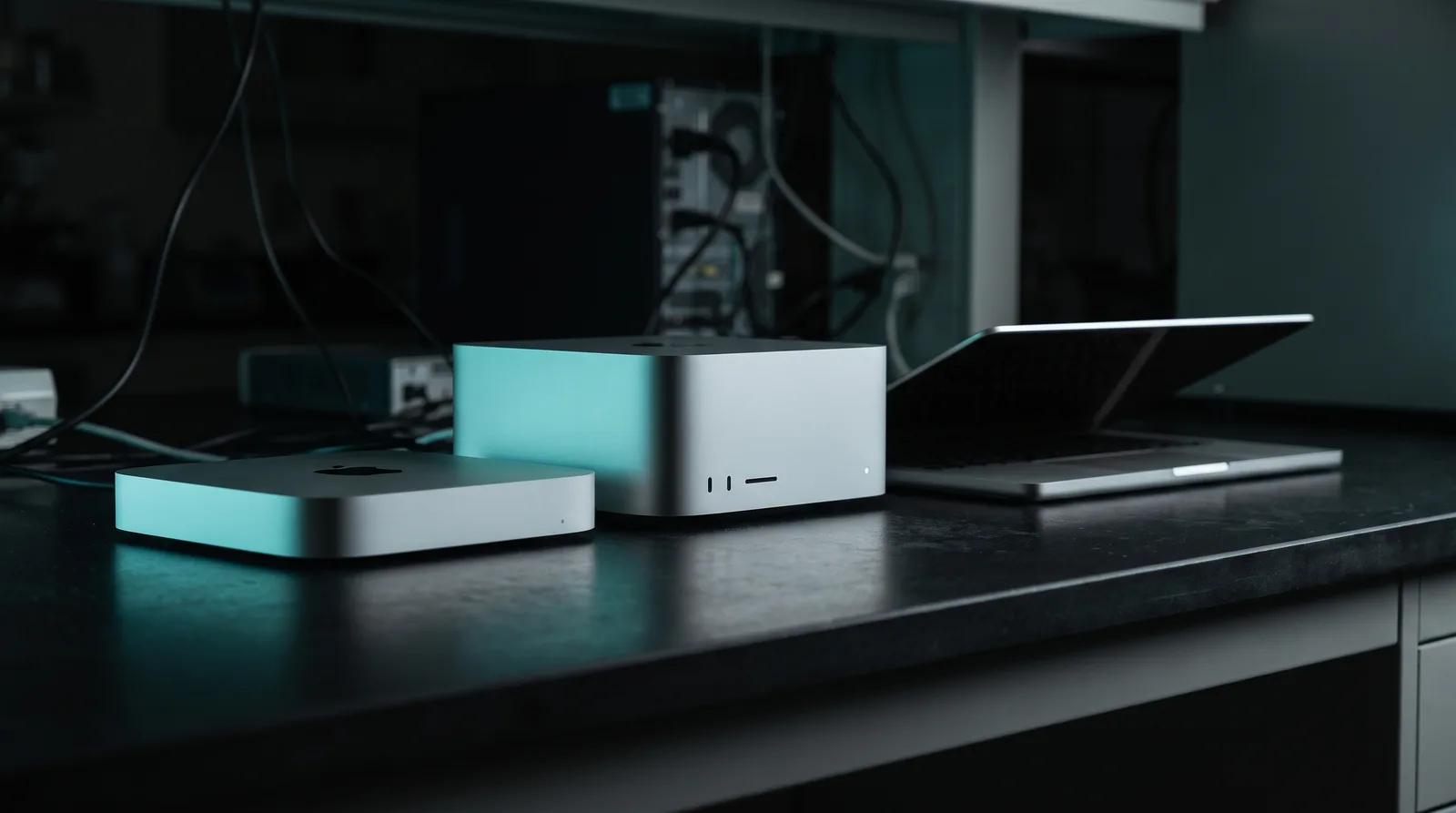 Three Apple Silicon Macs of increasing size lined up on a dark bench under cyan-teal light