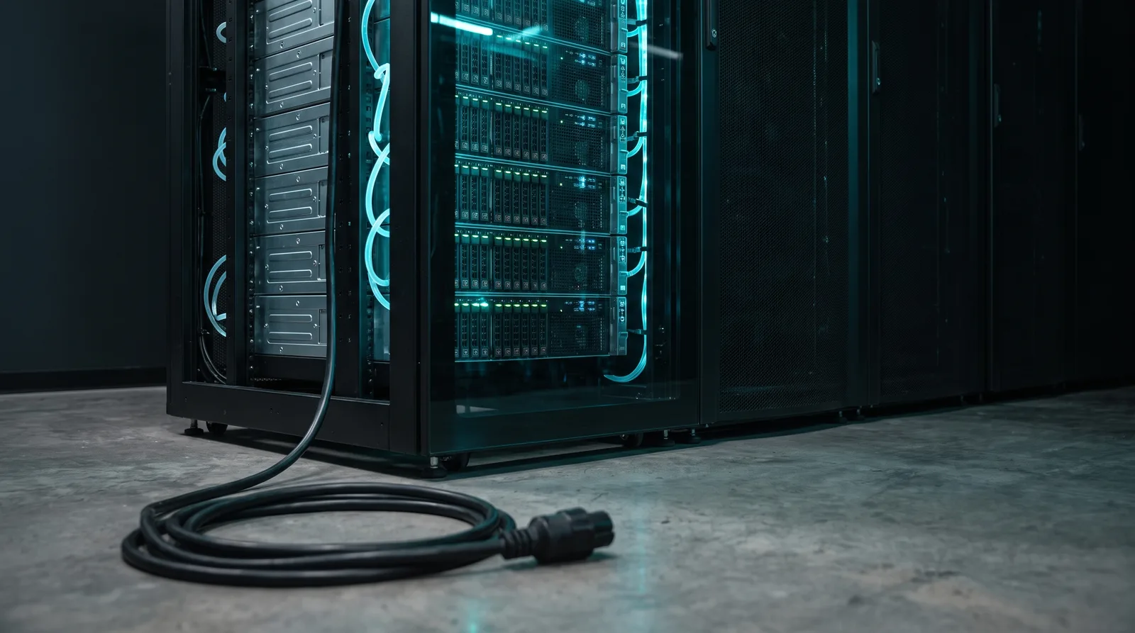 A glass-fronted GPU server rack in a dark colocation room with cyan-teal status lights and a coiled cable on the floor