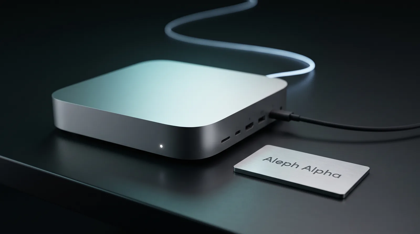 A Mac Studio on a dark desk beside a faintly etched Aleph Alpha plate, lit by cyan-teal light
