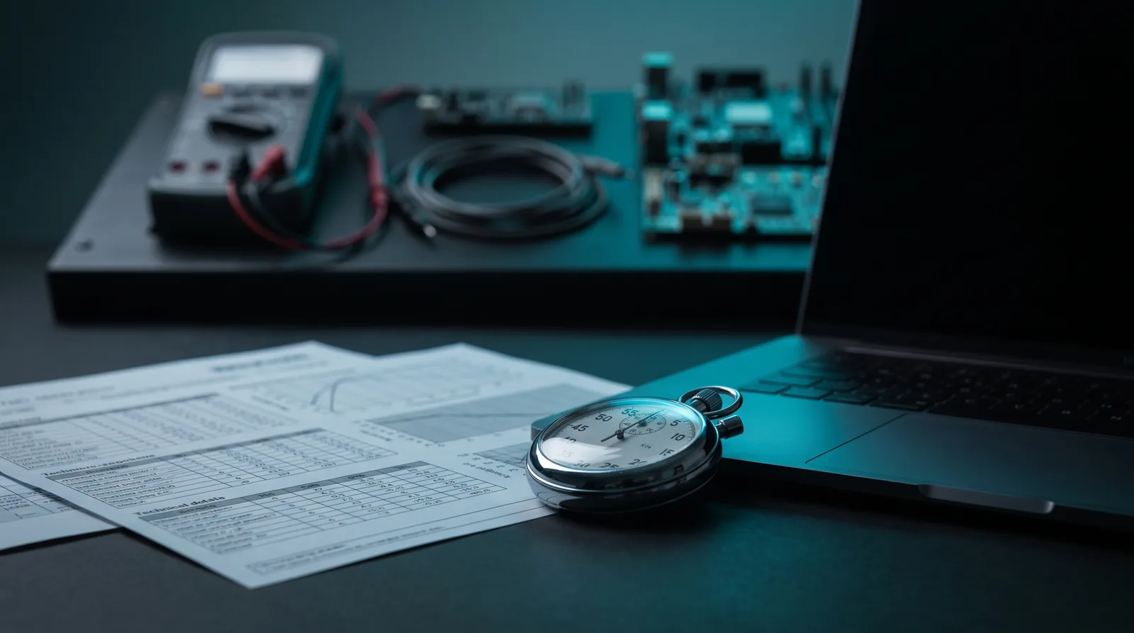 Machined stopwatch and printed benchmark sheets on a dark bench beside a laptop, illustrating latency measurement for the Laya encoder