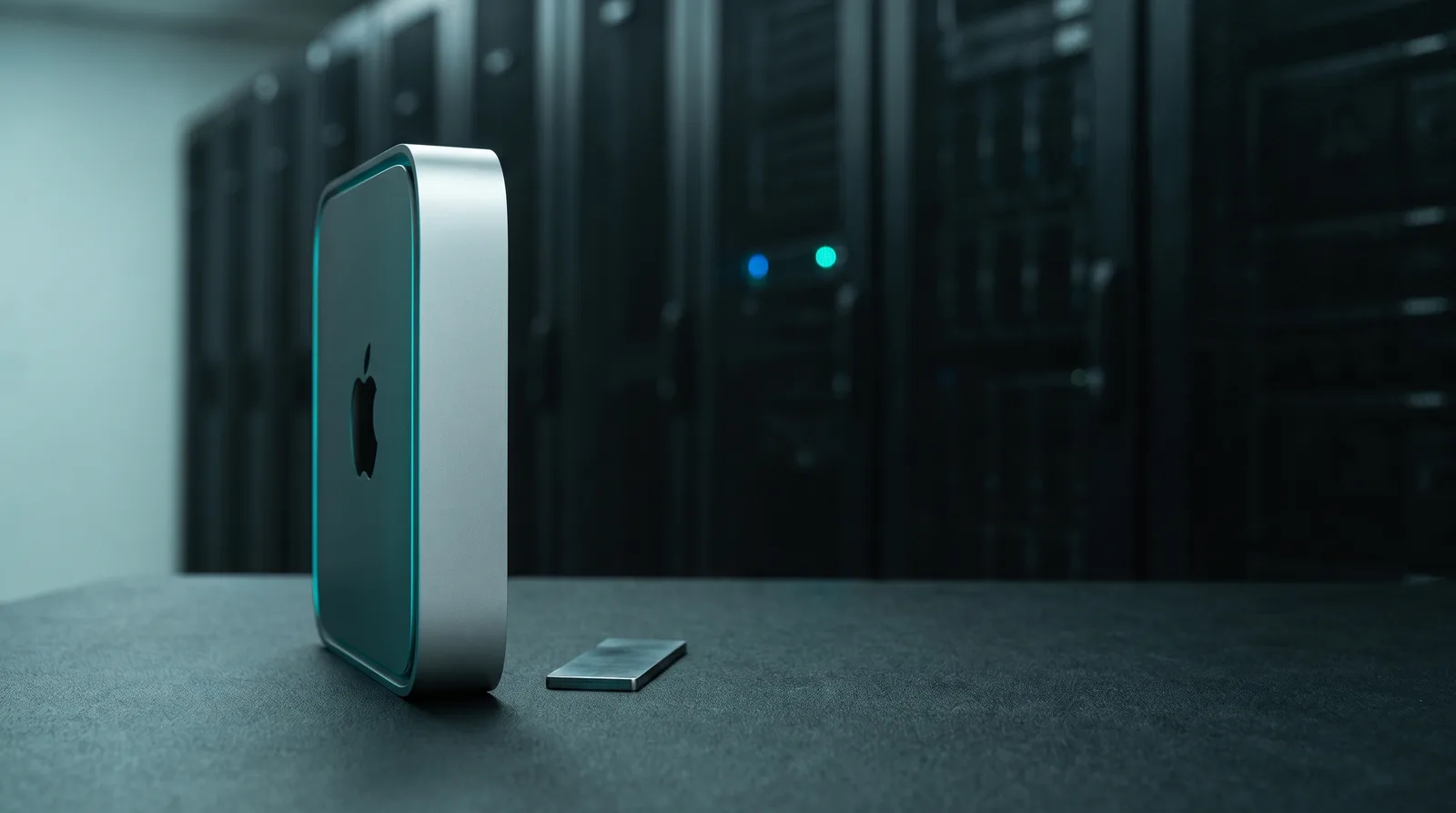 Compact Mac mini on a dark desk in front of blurred server racks, illustrating Laya memory tiers on Apple Silicon