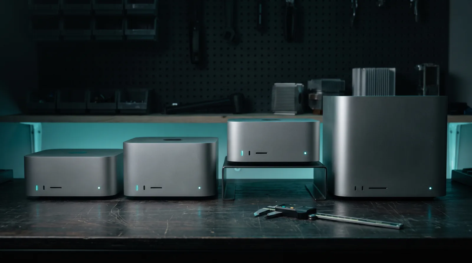 Four unbranded aluminium desktop computers of increasing size lined up on a dark workbench with a caliper in front, lit by cyan-teal light.