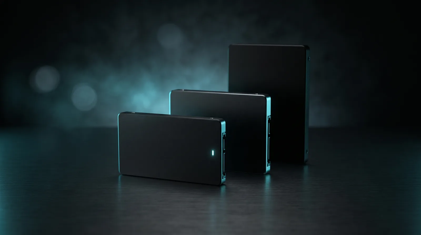 Three matte black storage modules of decreasing thickness lined up on a dark steel surface under cyan edge light
