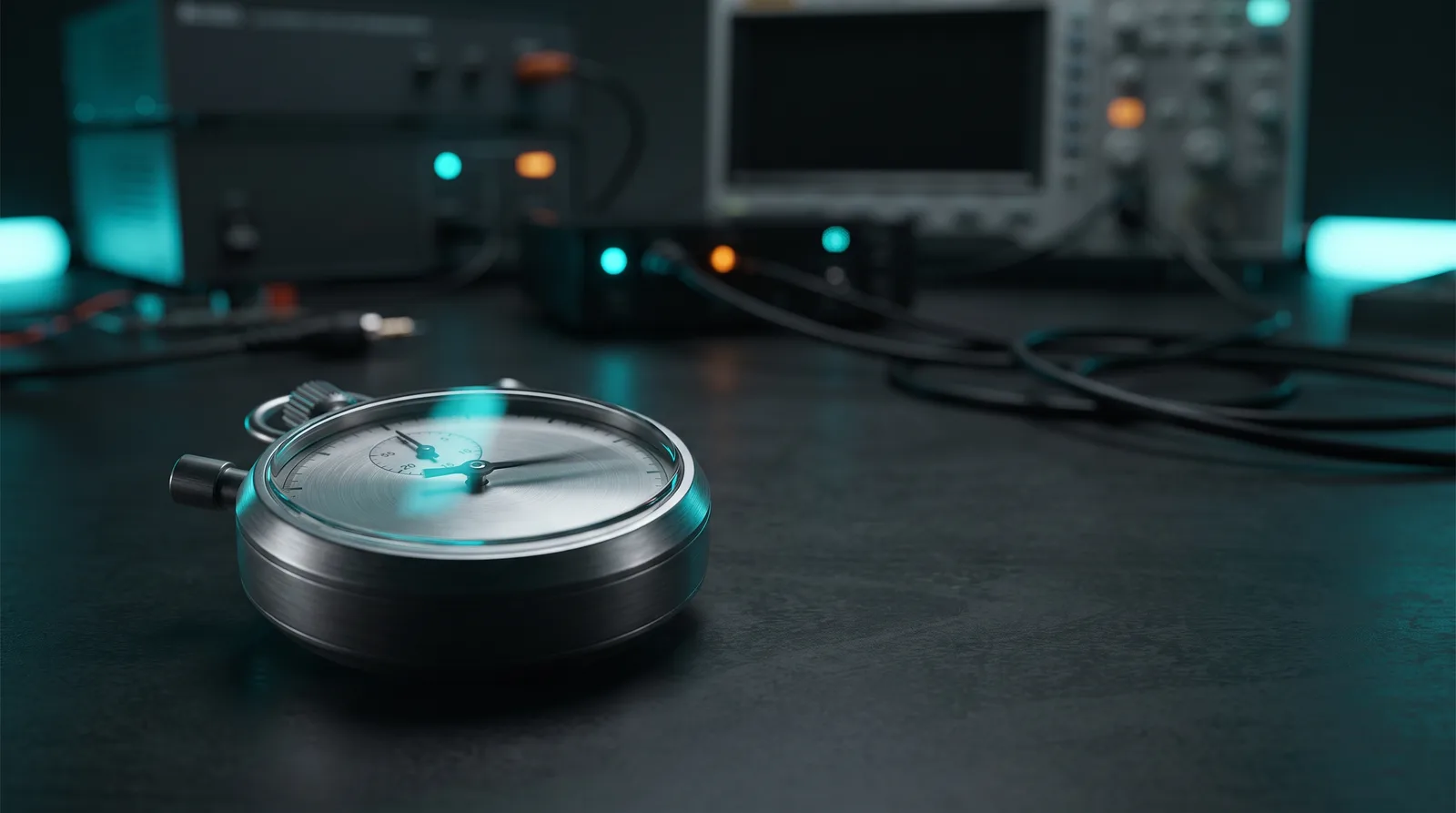 A brushed metal stopwatch with its hand frozen mid sweep on a dark desk under cyan rim light