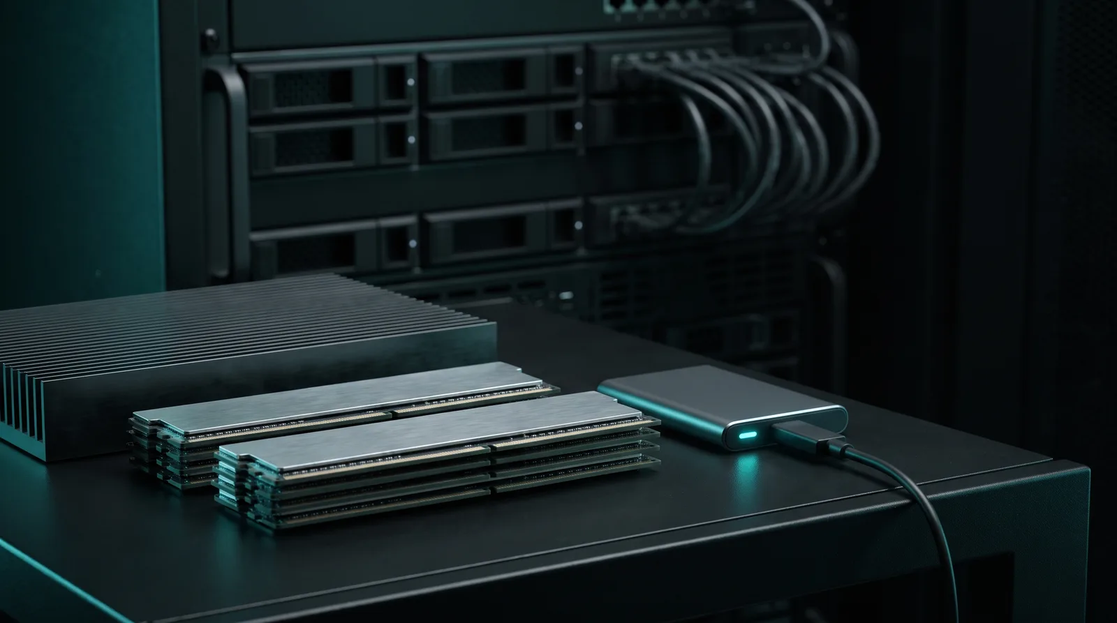 Memory modules and a heatsink stacked beside a lit external SSD on a black surface, illustrating static cache RAM usage in llama.cpp.