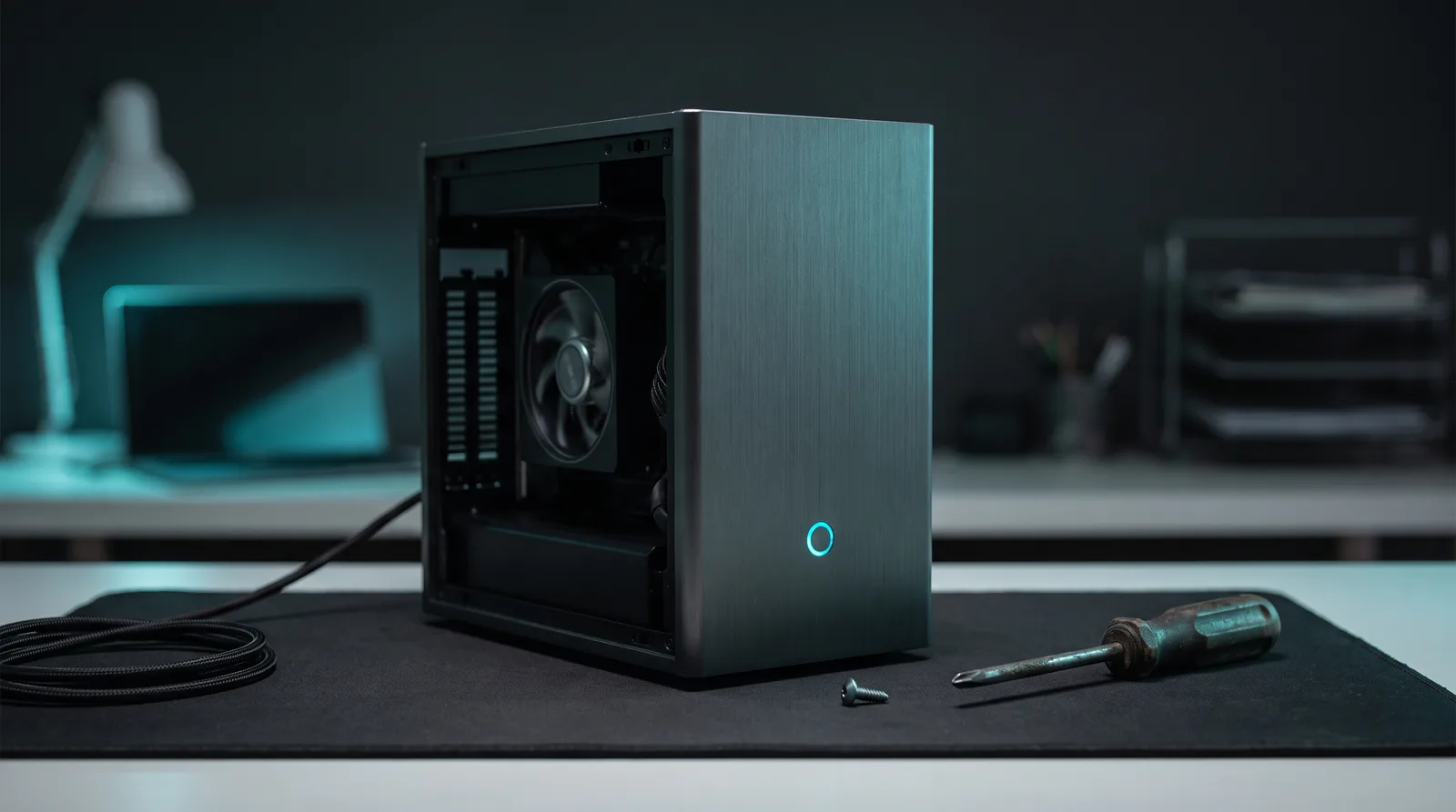 Compact aluminium desktop machine with a cyan power light, a spinning fan and a screwdriver on a black mat, illustrating an unchanged tokens-per-second measurement in llama.cpp.