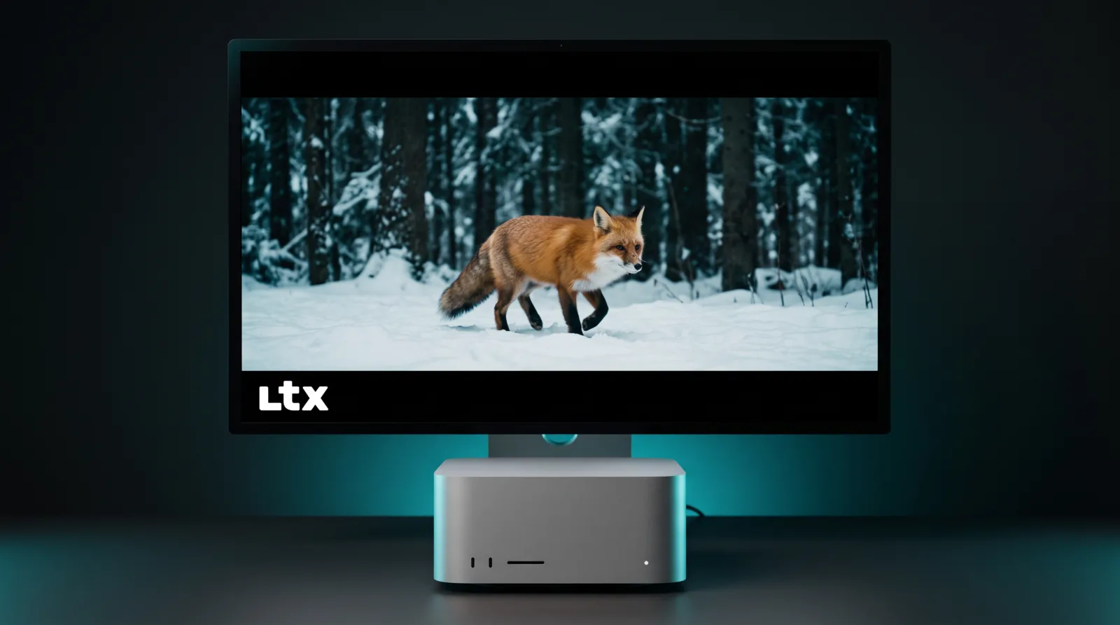 A silver Mac Studio below a monitor showing a red fox walking through a snowy forest with the LTX logo in the corner, lit by cyan-teal light