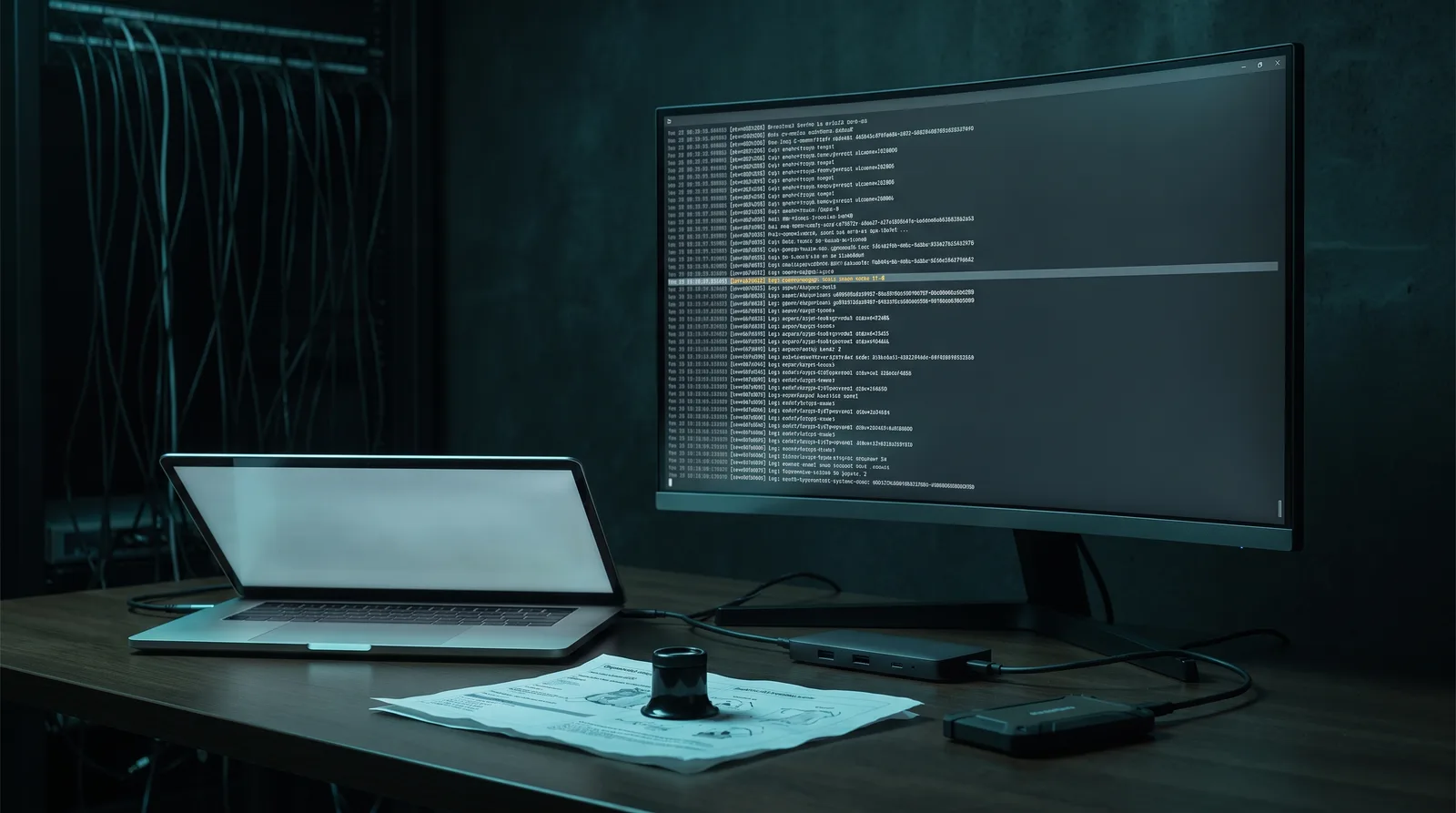 Laptop and external monitor displaying an unreadable Metal initialization log, the check that reveals whether the tensor API is active on a Mac
