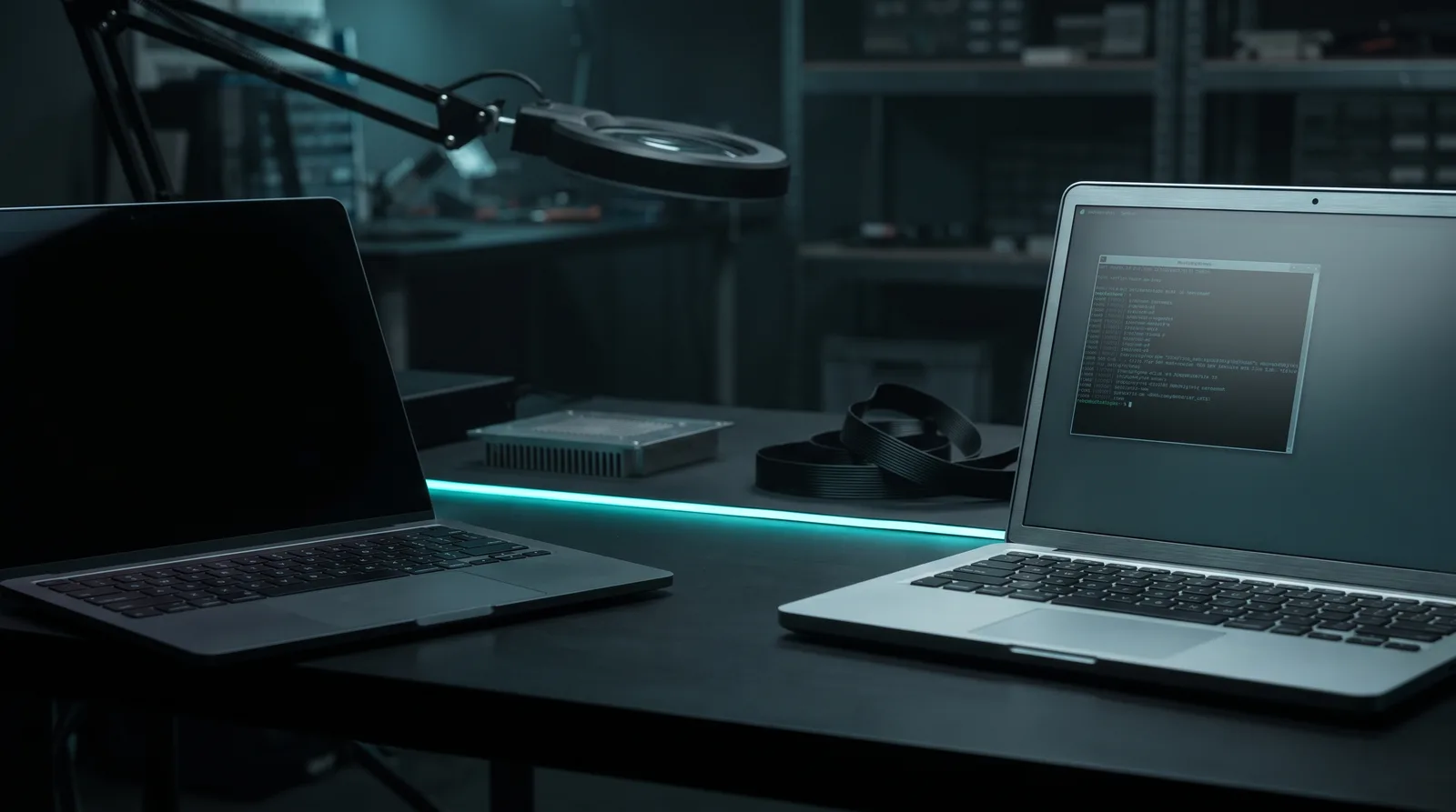 Two identical laptops on a dark bench, one dark and one still glowing, illustrating two Metal compiler errors that share the same no-load symptom