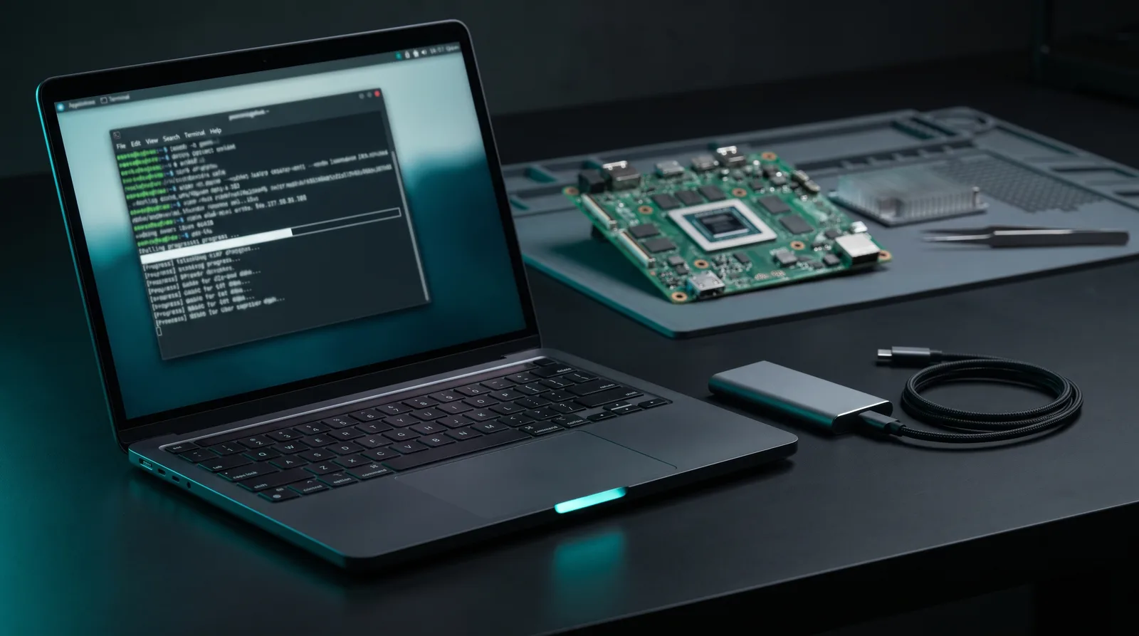 Unbranded Apple Silicon laptop on a dark workbench with a stalled terminal window, illustrating an M5 Mac that never loads its model at Metal startup