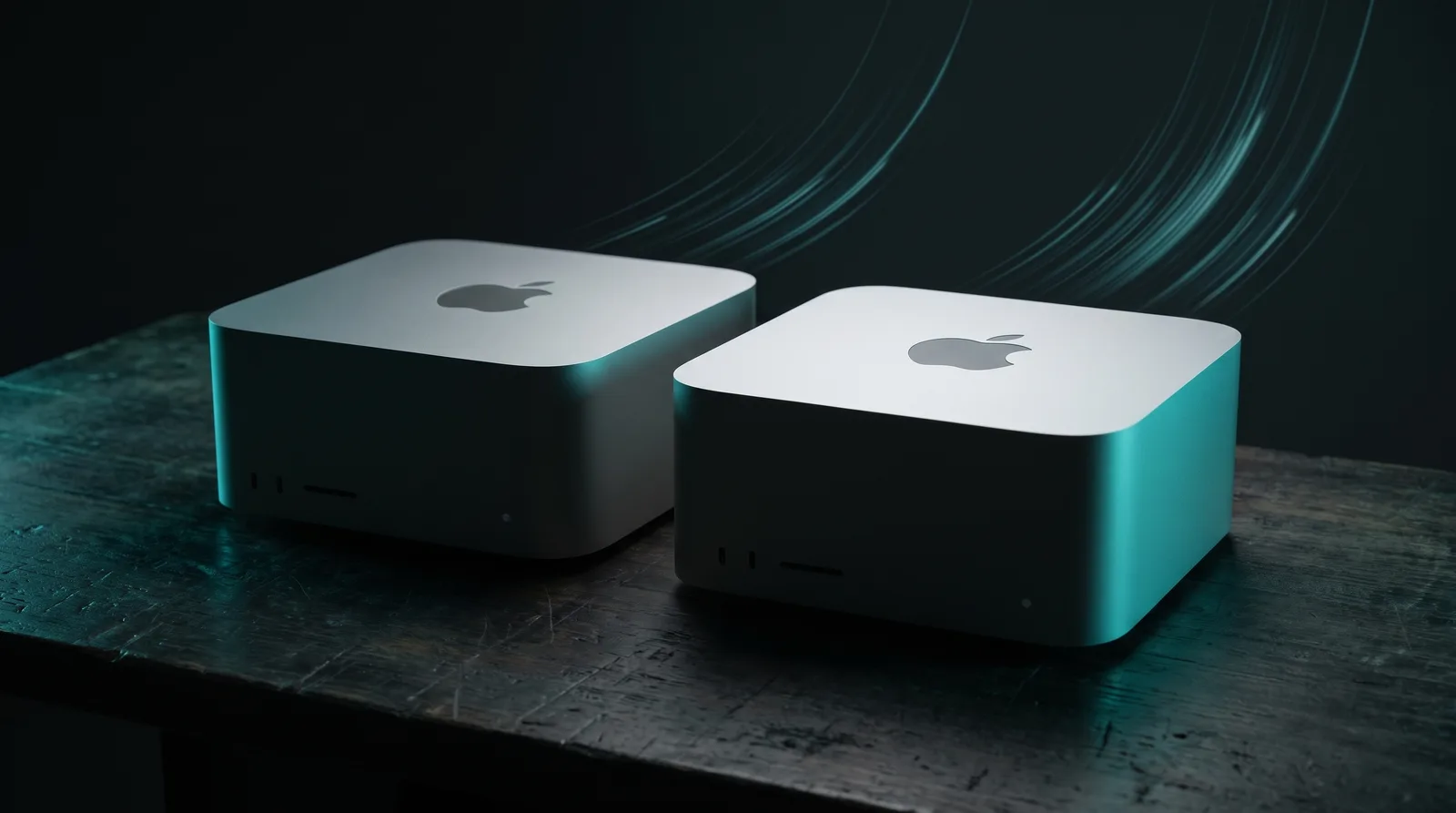 Two Apple Mac Studio generations side by side on a dark workbench, cyan-teal light trails