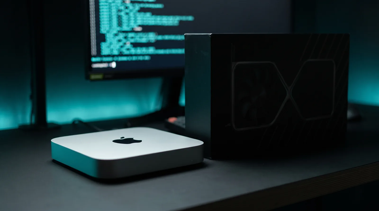 Apple Mac Mini M6 beside a graphics card box on a dark desk, cyan-teal accent light
